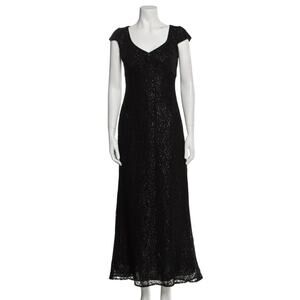 Badgley Mischka black gown cap sleeves back zipper Sequin V Neck Long Dress Med‎